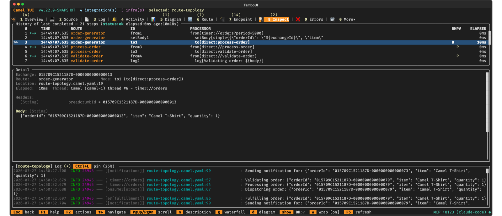Inspect tab showing message history and exchange details